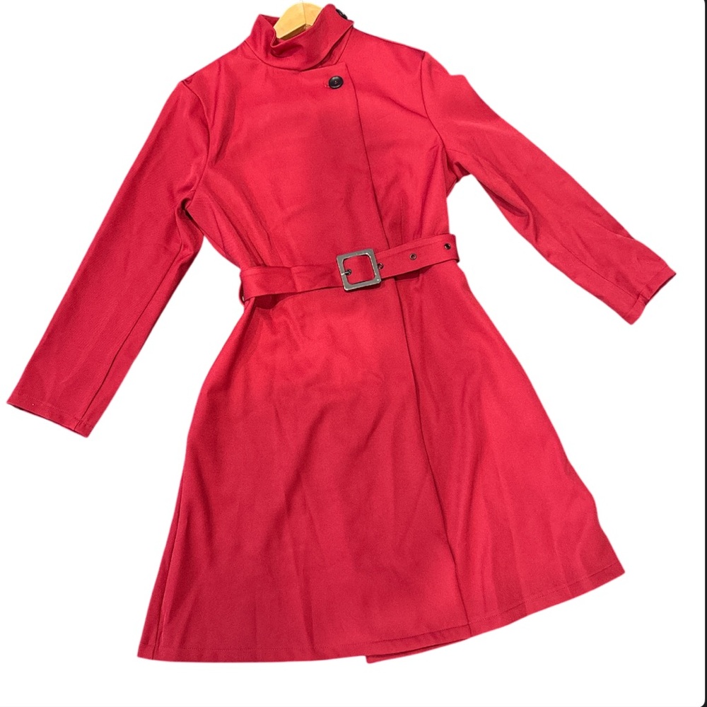 Mooyius Burgundy/Red High-Neck Asymmetrical Belted A-Line Dress Size Small-New!